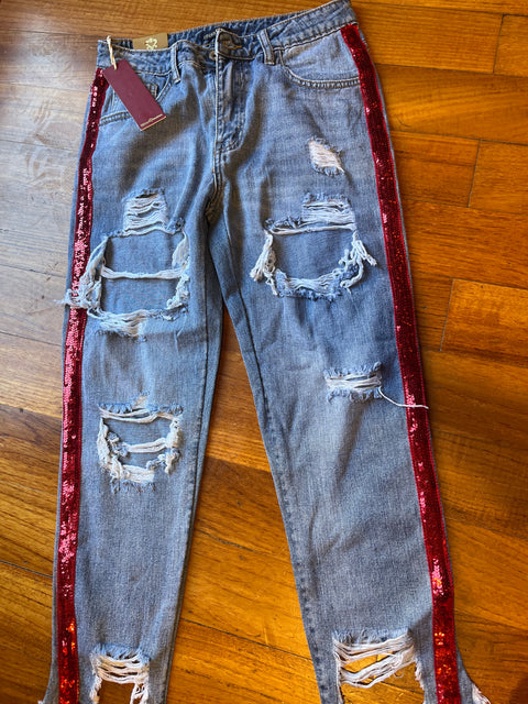 Miss Fashion red sequinned ripped mom jeans, size S
