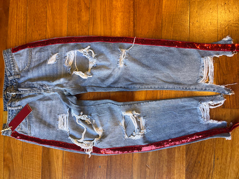 Miss Fashion red sequinned ripped mom jeans, size S