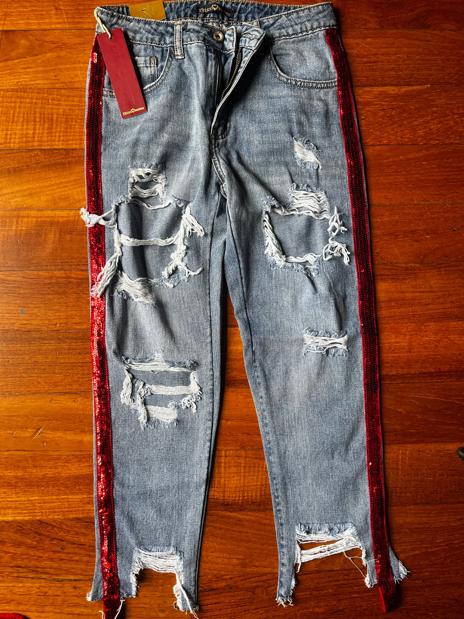 destroyed jeans with red sequin stripes on the sides – size S (40/42 IT) perfect glam rock M's boutique