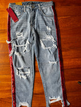 destroyed jeans with red sequin stripes on the sides – size S (40/42 IT) perfect glam rock M's boutique