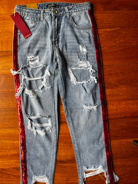destroyed jeans with red sequin stripes on the sides – size S (40/42 IT) perfect glam rock M's boutique