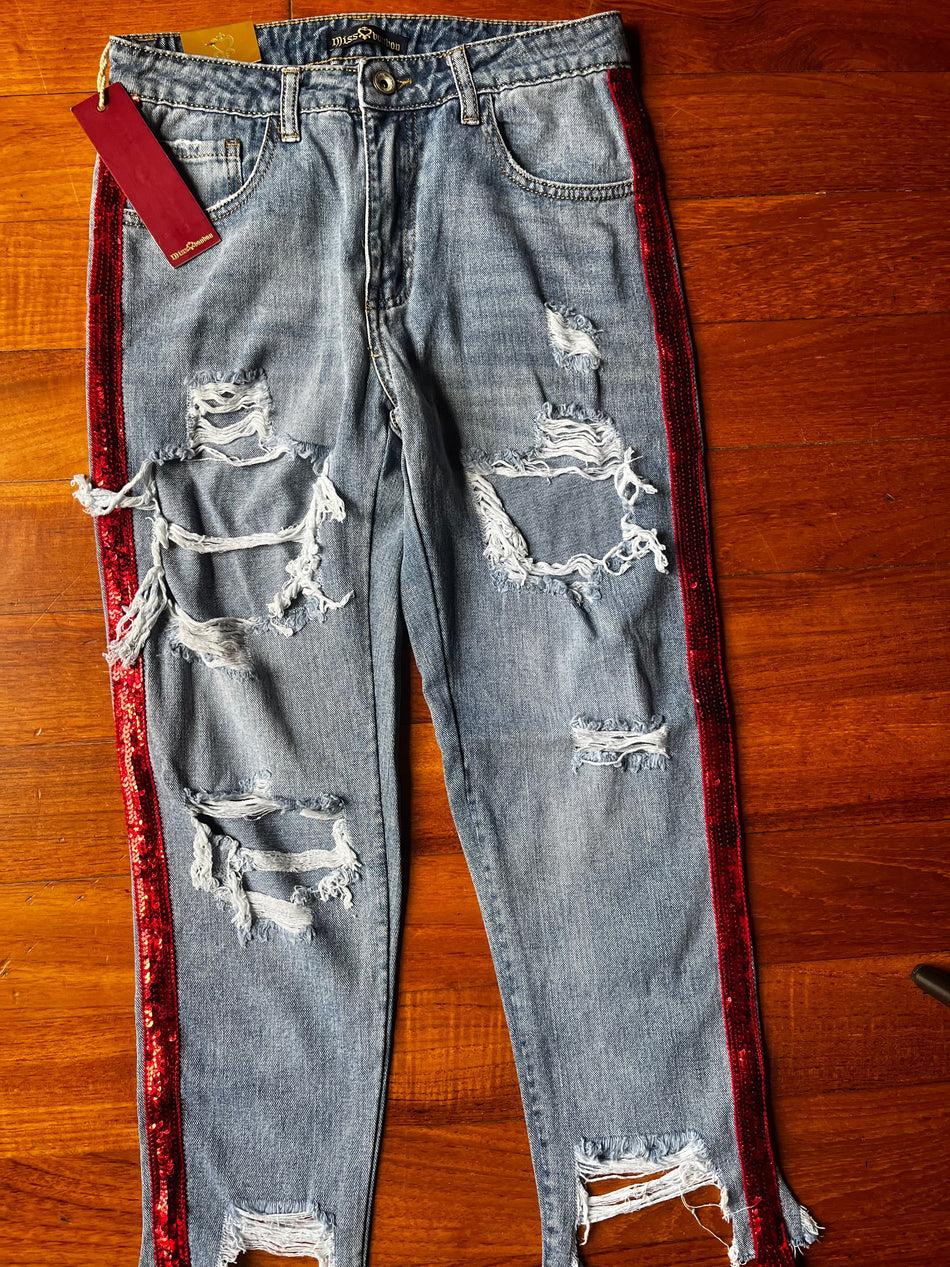 destroyed jeans with red sequin stripes on the sides – size S (40/42 IT) perfect glam rock M's boutique