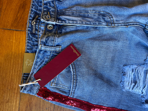 Miss Fashion red sequinned ripped mom jeans, size S